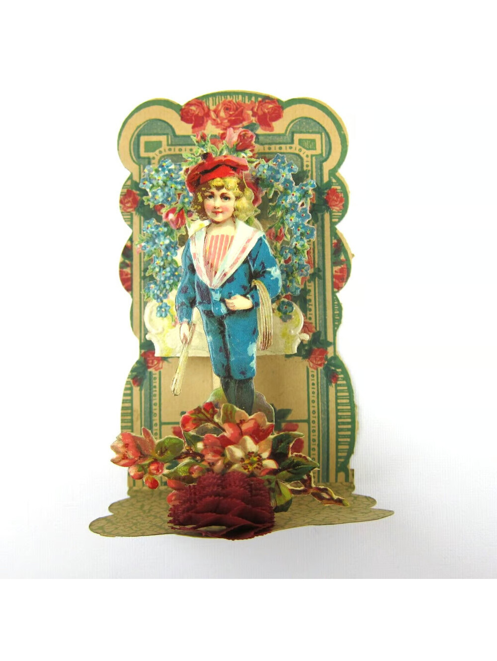 Antique Valentine Honeycomb 3D Pop Up Die Cut Boy Blue Sailor Suit Flowers Roses